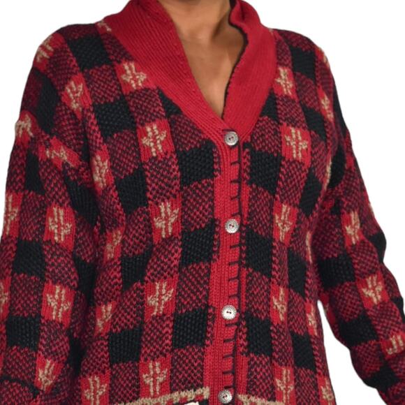 Vintage Northern Isles Cardigan Red Sweater Hand Knit Chunky Handknit Medium - Picture 9 of 13